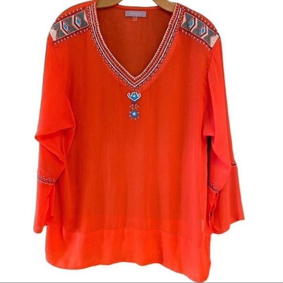 Anthropologie Harper S Sheer Orange Cowboy Western Beaded Flared Sleeve Tunic - Picture 1 of 10